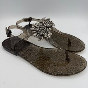COACH Hilda Black Glitter Jelly Thong Sandal Jewel Flower Embellishment Size 10B
